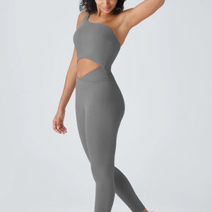 Combinaison de sport une pièce personnalisée pour femme, dos nu, respirante, à une bretelle, effet froncé, pour la gym, le fitness et le yoga - Product Image 2