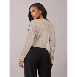 Women's Crocheted Plaid Print V-Neck <b>Cardigan</b> with Buttons - Product Image 2
