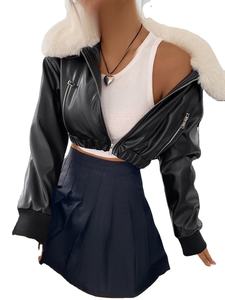 Chaqueta de moto de piel de vaca vintage para mujer, con cuello de pelo largo bordado, cremallera, bolsillos y hombros caídos, ideal para invierno. - Product Image 3