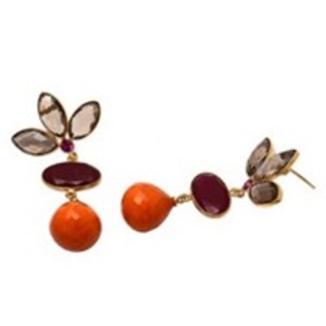 Pendientes de plata de ley 925 con gema de rubí y cuarzo ahumado, pendientes ovalados con diseño de Calcedonia naranja y rubí teñido - Product Image 1