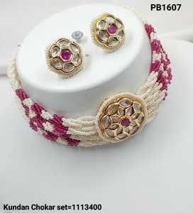 Fleur indienne fantaisie traditionnelle Motipearl & Kundan collier ras du cou ton or Kundan collier de perles avec ensemble de boucles d'oreilles assorties femmes - Product Image 2