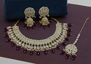 Nuevo diseño chapado en oro tradicional gota perla y Kundan tachonado pendiente Mangtika gargantilla collar conjunto y conjunto de joyería para mujer - Product Image 4