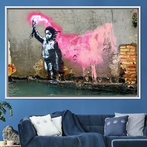 Printed Canvas: Banksy Migrant Child Graffiti Artwork, Modern Home Decor,WHITE <b>FRAMED</b> CANVAS - Product Image 1