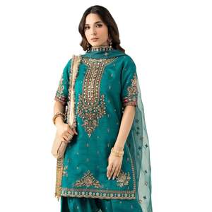 Costume 3 pièces en soie brute brodée robe traditionnelle pakistanaise vêtements ethniques pour femmes mode culturelle Shalwar Kameez artisanale - Product Image 5