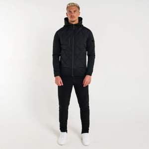 Chaqueta híbrida acolchada Chevron negra: estilo deportivo con mangas de neopreno, diseño con capucha, tiradores de cremallera duraderos y ajuste moderno - Product Image 1