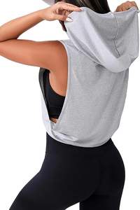 Femmes 100% coton sans manches à capuche Crop débardeur ouvert côté entraînement vêtements de sport Hip Hop Style respirant court pour l'hiver avant - Product Image 2