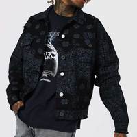 Veste en jean pour homme, style unique toutes marques, tenue tendance, col montant en toile, vintage avec logo frontal