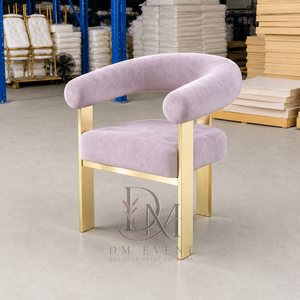 Silla de Comedor de Acero Inoxidable con Respaldo Tubular Abierto en Dorado y Tapicería Lila para Hoteles y Eventos de Boda, Venta al Por Mayor - Product Image 1