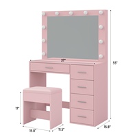 Ensemble de table de maquillage rose OEM avec miroir éclairé, chaise, 11 lumières LED avec 3 modes d'éclairage réglables, contrôle de la luminosité