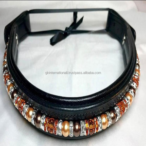 New Arrival <b>Beaded</b> Decorative Straight Shape Padded Leather Horse brow band Genuine Leather Horse Racing Adjustable brow band - Product Image 2