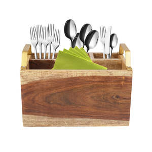 Organisateur de couverts en bois moderne avec poignées en laiton, boîte de rangement de cuisine multifonctionnelle durable pour table à manger et utilisation en restaurant - Product Image 3