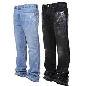 Jeans évasés en couches à patchwork élastique tendance pour hommes Pantalon de travail à motif solide Fermeture à glissière Respirant Vêtements de travail d'été et de printemps Teinture unie - Product Image 1