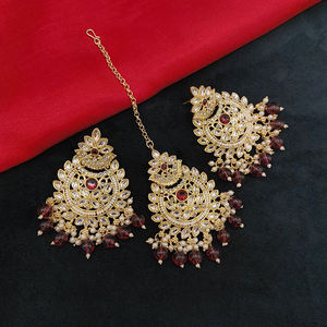 ต่างหูห้อยลูกปัด kundan ชุบทองเข้ากับ maangtikka เหมาะสำหรับงานแต่งงานและงานเทศกาล - Product Image 3