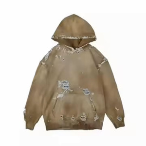 Nouveaux sweats à capuche en détresse délavés à l'acide pour hommes surdimensionnés avec fermeture à glissière déchiré Vintage poids lourd avec motif solide - Product Image 5