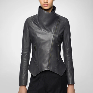 Veste en cuir d'agneau véritable pour femme, style streetwear, col rabattu, design personnalisé durable, fermeture éclair, tricot d'hiver, écologique - Product Image 2