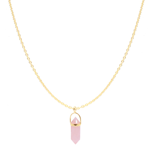 Collar de cadena chapado en oro de plata esterlina con forma de bala y bisel de plata de cuarzo rosa - Product Image 1