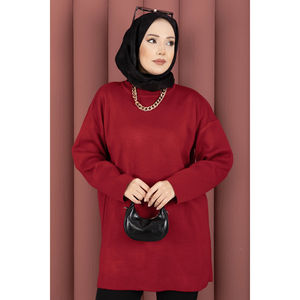 เสื้อคลุมลำลองคอกลมลายทางสีแดงสำหรับฤดูใบไม้ร่วง ทรงหลวมถักนิตติ้งยาว พร้อมเทคนิคการถักมือและลายแจ็คการ์ด - Product Image 2