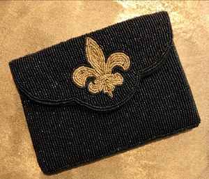 Premium Mini Clutch Evening Party Black Beaded Envelope Shape Classic Gold Fleur De Lis Detachable Chain Available Bulk Discount - Product Image 5