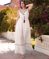 Robe longue de soirée pour femme en viscose brodée de luxe léger, style estival, avec bretelles spaghetti et volants