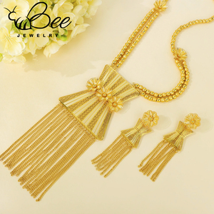 Parure de bijoux de mariage éthiopienne nigériane en or 24 carats, collier long en alliage de titane, boucles d'oreilles imposantes - Product Image 4