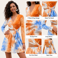 Robe Courte Décontractée d'Été pour Femme à Manches Longues, Col en V, Découpes à la Taille, Effet Tie-Dye, Coupe Trapèze, OEM ODM