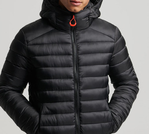 Windproof Hooded <b>Mandarin</b> <b>Collar</b> Winter Puffer <b>Jacket</b> Unisex Zipper 2 Tone Breathable Canvas Front Logo - Product Image 1
