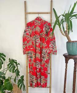Bata de verano con estampado de algodón puro indio, diseño de jirafa de jungla de leopardo rojo real, vestido Kimono de maternidad cómodo hasta el suelo - Product Image 5