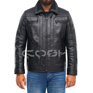 Veste en cuir noire élégante à fermeture éclair sur le devant, conçue avec plusieurs poches fonctionnelles et un col à revers - Product Image 5