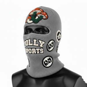 Women premium knit balaclava 300 GSM soft acrylic blend grey color with chenille custom logo and embroidered patches balaclava - Product Image 4