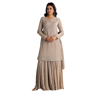 Conjunto Kurta marrón claro con lentejuelas Palazzo y Dupatta, venta al por mayor, Ropa Étnica para mujer, proveedor de fábrica de ropa OEM, atuendo personalizado - Product Image 2