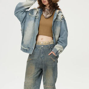 Veste en jean de blé ligne délavée à l'acide pour femme Logo personnalisé et veste à capuche zippée en denim de haute qualité - Product Image 5