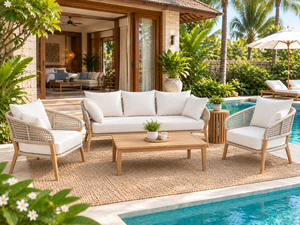 Conjunto de Sofás de Jardín Modernos de Teca con Cuerda Tejida, Sofá de Patio Exterior, Asientos de Balcón con Cojines - Product Image 1