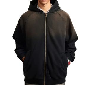 Custom Sun Faded <b>Zip</b> <b>Up</b> <b>Hoodie</b> Fleece <b>Black</b> 450 Gsm French Terry Manufacturer 100% Cotton <b>Hoodie</b> Wholesale Embroidery - Product Image 2
