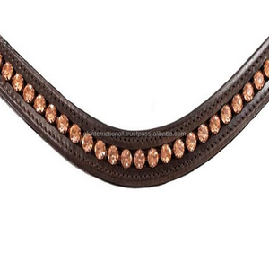 Customized Logo <b>Snap</b> Adjustable Handmade Wave Shape Empty Channel Leather Horse brow <b>band</b> With 1 Row Golden Crystals Bling - Product Image 1