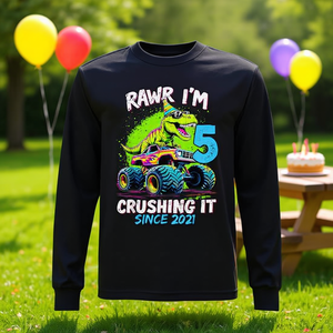 Maglietta per compleanno 2021 per bambino di 5 anni, design con dinosauro e monster truck, a maniche lunghe, per ragazzi nati nel 2021 - Product Image 3