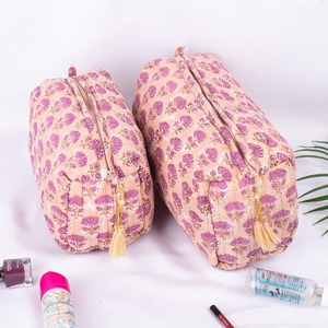 Indian Handmade Eco-Friendly Peach for Floral Quilted Zipper Water Resistant for Case <b>Set</b> Block Print Cosmetic <b>Makeup</b> - Product Image 4