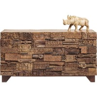 Buffet de salle à manger en bois de récupération, style ferme, avec sculptures tribales et aspect antique moderne, écologique et durable