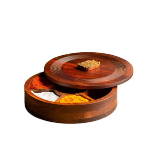 Boîte à épices en bois d'acacia élégante et arrondie avec couvercle gravé en forme d'éléphant, boîte à masala classique - Product Image 6