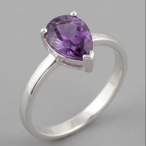 Bague en argent 925 avec améthyste taille poire, design minimaliste chrétien, faite à la main, authentique, pour fiançailles, mariage, anniversaire ou cadeau de fête - Product Image 1