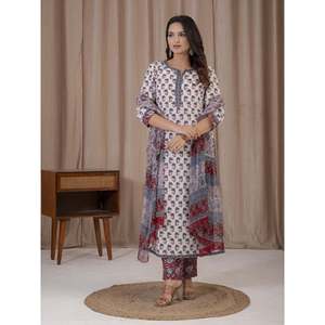 Ethnic White Grey Hand Drawn <b>Block</b> <b>Printed</b> Cotton Kurta Pant Set Latest Design Anarkali Salwar Suit for Party Wear Made Net - Product Image 5