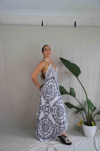Vestido Maxi con estampado bohemio de alta calidad, caftán largo de algodón/Rayón indio hecho a mano con estampado de Palma azul marino de lujo para mujer, vestido Maxi - Product Image 2