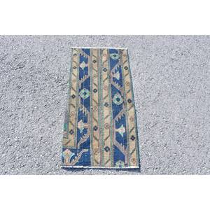 Tapis en laine fait main classique bleu Beige 1.6x3,2 pieds Design patchwork turc pour salon ou chambre à coucher avec support en latex - Product Image 1