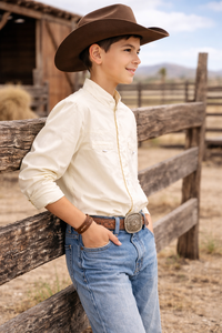 Nouvelle chemise de cowboy blanche pour adolescents, manches longues, en polyester/coton uni, style western décontracté, respirante, en popeline, pour le printemps - Product Image 2