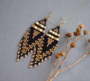 Luxury Quality Black Gold <b>Earrings</b>, Fringe Seed Bead <b>Earrings</b>, <b>Tassel</b> <b>Earrings</b> Beaded <b>Tassel</b> <b>Earrings</b> - Product Image 1