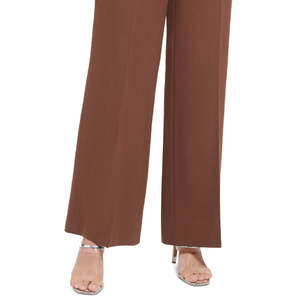 Pantaloni Palazzo a Vita Alta e Gamba Larga da Donna DKNY in Tessuto Crepe Marrone Taglia XL con Chiusura Elastica in Vita e Funzione Anti-Piega - Product Image 3