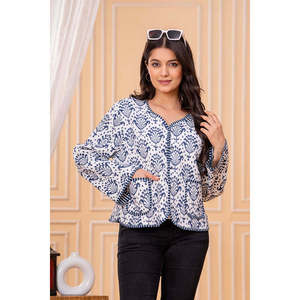 Autumn Blue Printed Cotton Jacket for Women Customizable Logo Quilted Bomber Style Patchwork Decoration Button <b>Fur</b> Spandex - Product Image 2