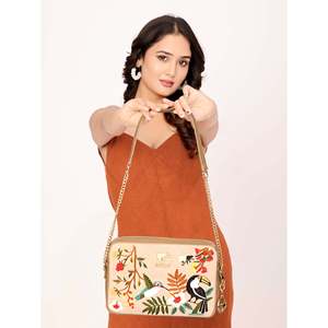 Vegan Leather Square Shape Shoulder Bag with Chain Strap and Embroidery Logo for Women Beige 1-1.9L Capacity Priglob Exim - Product Image 2