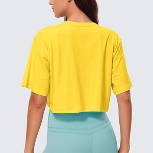 Femmes été décontracté sport demi manches haut court T-shirts respirant coton O cou recadrée couleurs unies chemise pour femmes - Product Image 5