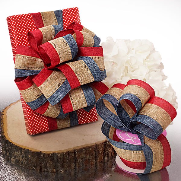 Red/Natural/Blue Striped Gift Ribbons for Decorative Use