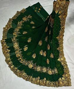 Saree avec chemisier Beige fête porter concepteur vêtements de mariage dentelle bordure soies Saris inde vert femmes adultes inde et Pakistan 500 ethnique - Product Image 4